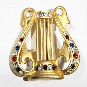 Vtg 1980s Matte Gold Tone Rhinestone Harp Pin Brooch